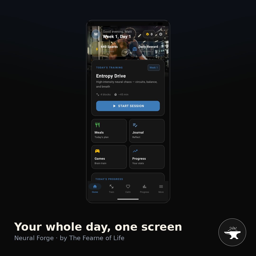 Neural Forge dashboard — your whole day, one screen
